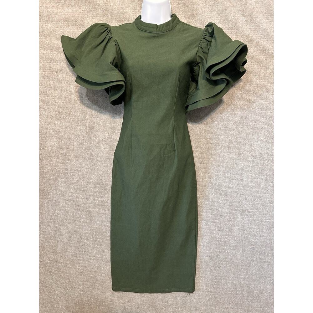 Eien Statement Dress Small Olive Midi Column Flounce Sleeves Versatile Power